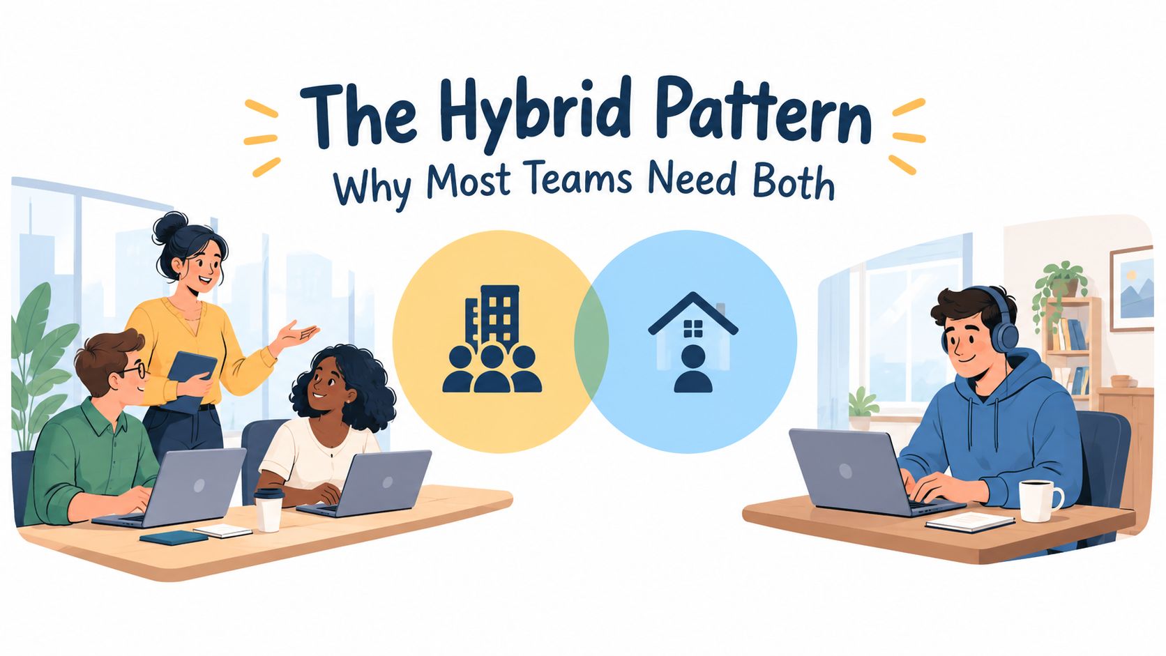 An illustration comparing office-based and remote work, representing the modern hybrid work model for teams.