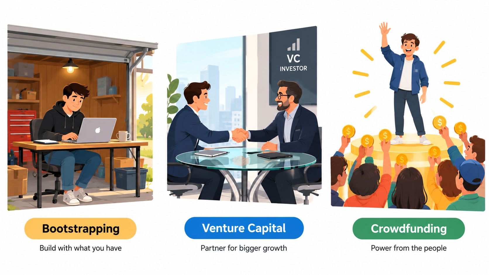 A visual guide illustrating three startup funding models: bootstrapping in a garage, venture capital, and crowdfunding.