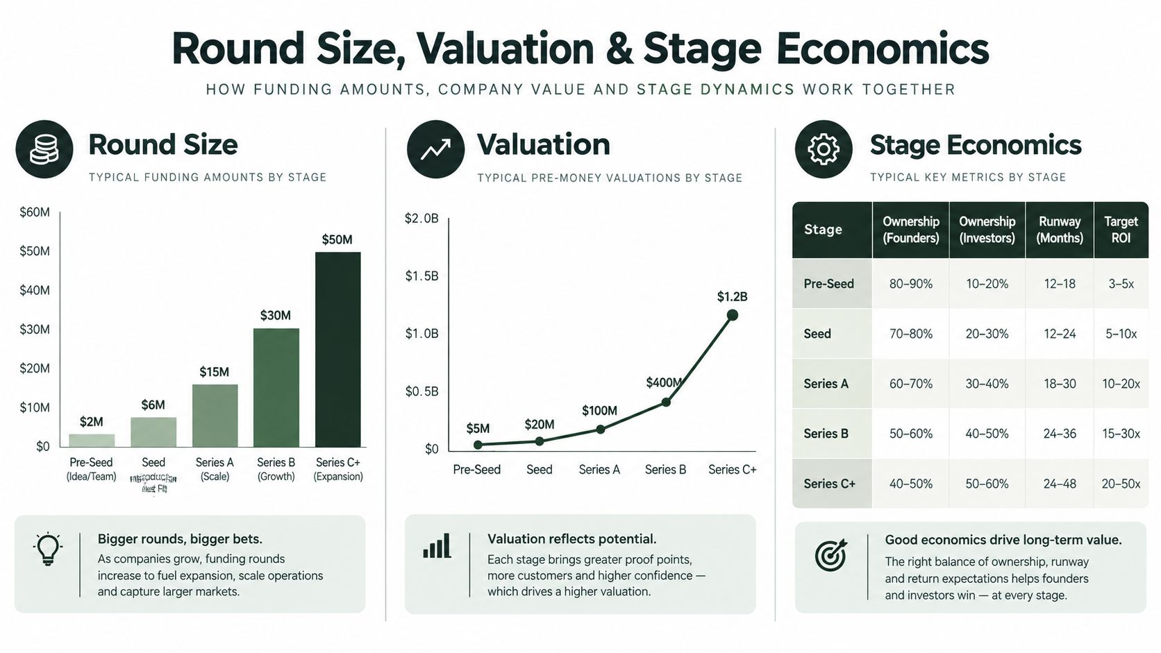 A chart infographic detailing startup funding rounds, valuations, stage economics, ownership percentages, and growth milestones.