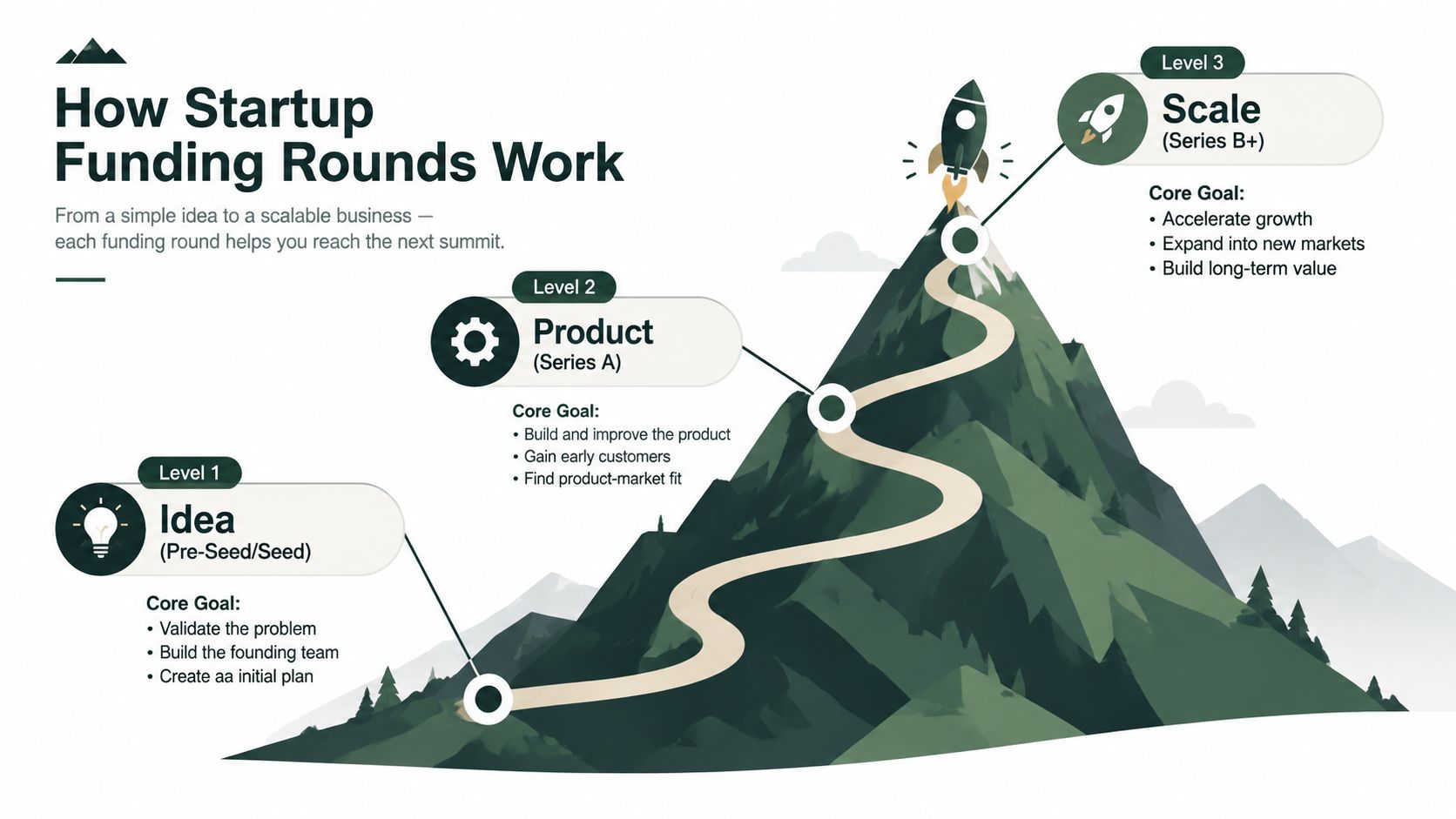 A diagram illustrating startup funding stages, from pre-seed idea to series B plus scaling.