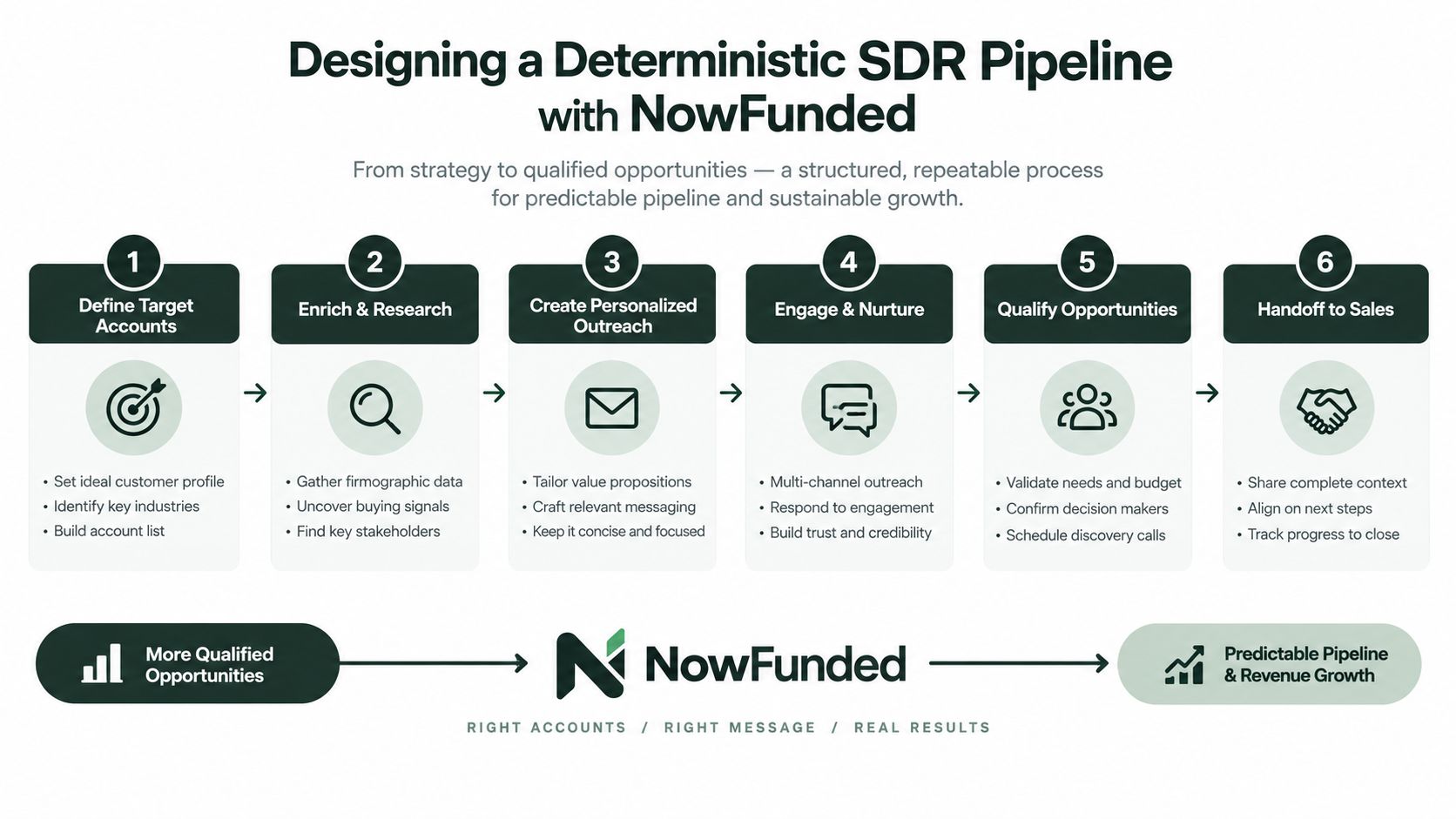 A diagram illustrating a six-step deterministic SDR pipeline process using NowFunded for business growth and sales.