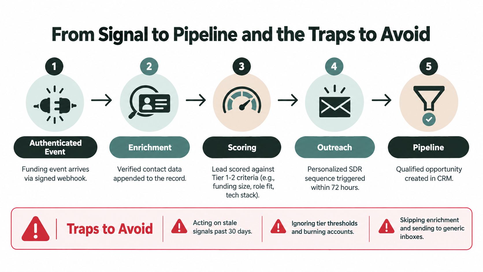 A five-step process diagram illustrating how to convert sales trigger events into a qualified CRM pipeline.