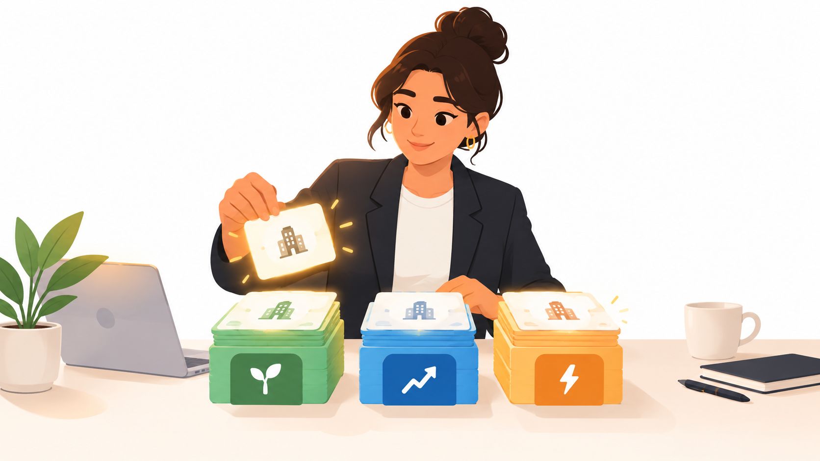 A professional woman organizing building-themed cards representing strategic business planning, growth, and energy on her desk.