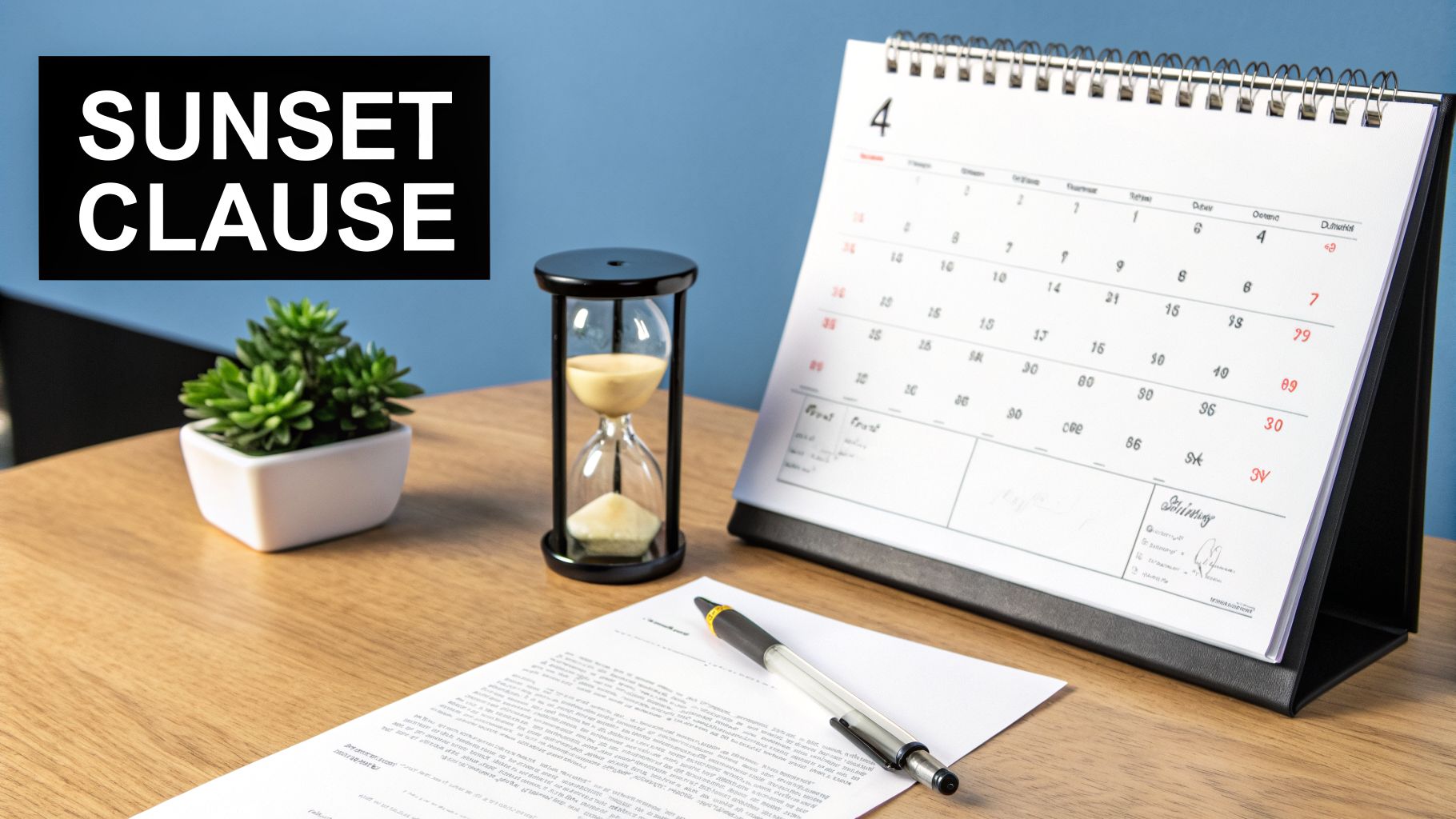 A 'Sunset Clause' sign hangs above a desk with a calendar, hourglass, document, and pen, symbolizing legal time limits.