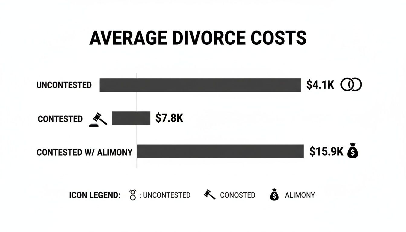 Bar chart displaying average divorce costs for uncontested, contested, and alimony cases.