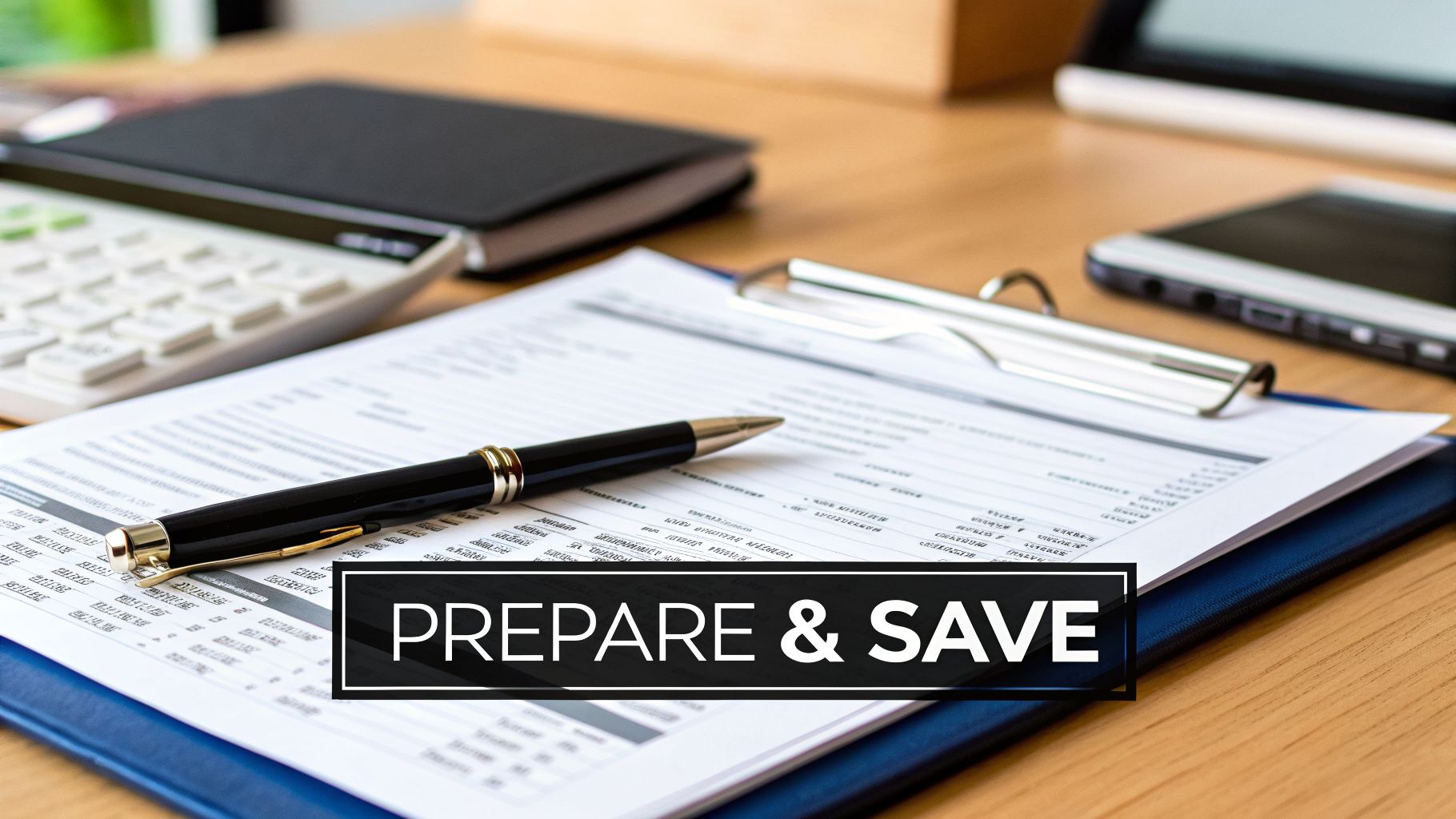 A close-up of a desk with financial documents, a pen, calculator, and smartphone, displaying 'PREPARE & SAVE'.