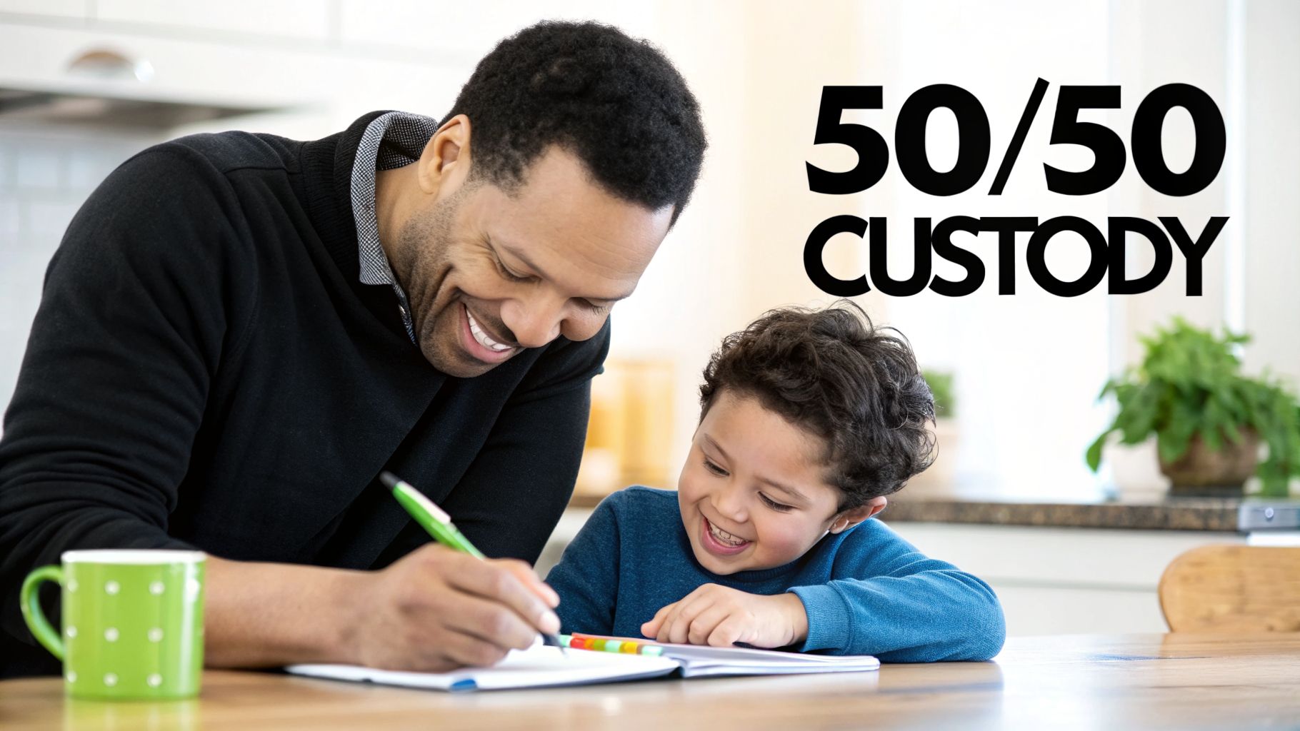 A joyful Black father and his son smile while doing homework together, with "50/50 CUSTODY" text.