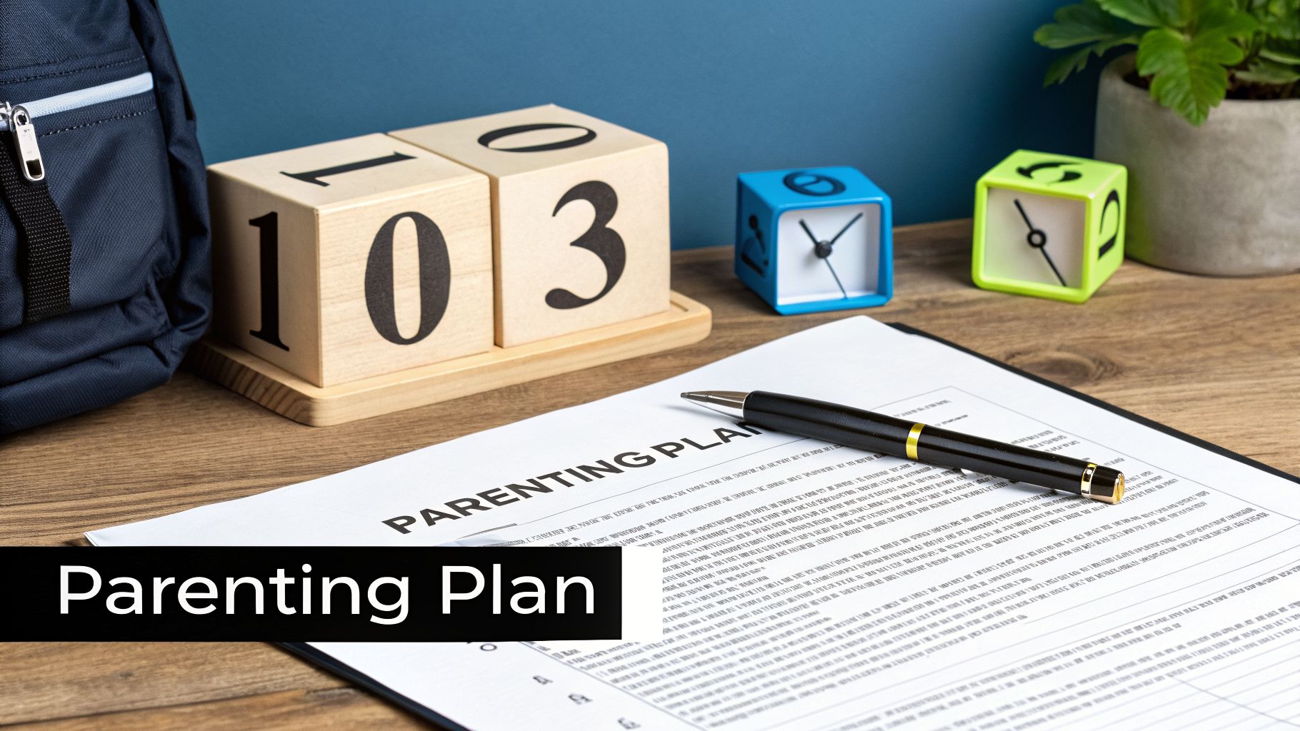 A parenting plan document and pen on a wooden desk with calendar blocks, clocks, and a backpack.