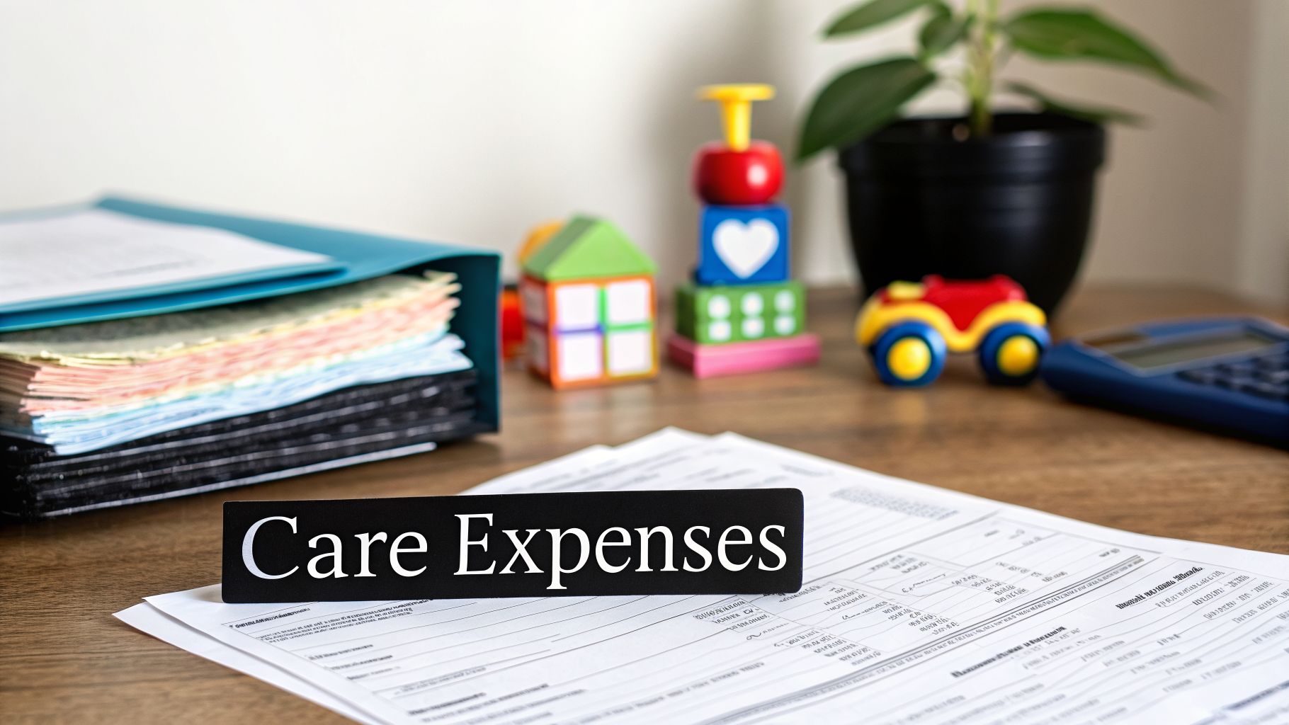 A 'Care Expenses' sign on a desk with financial papers, children's toys, and a calculator.
