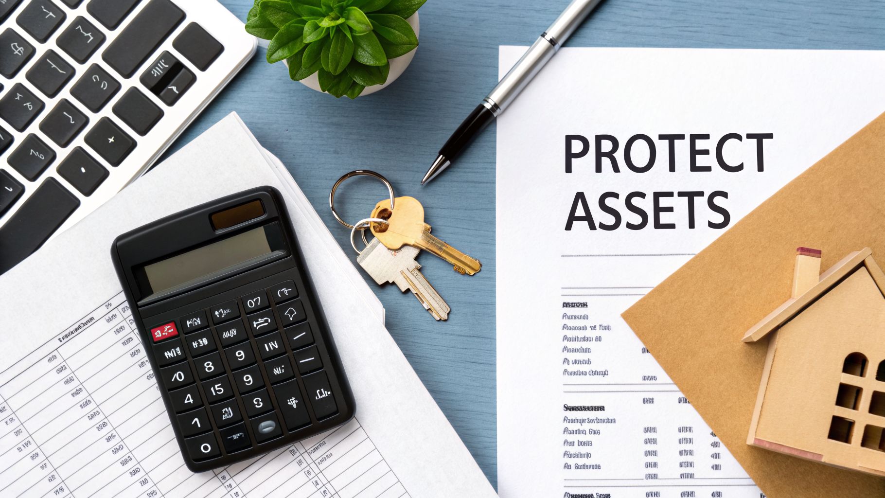 Flat lay of desk with 'PROTECT ASSETS' document, calculator, keys, house model, and laptop, representing financial planning.