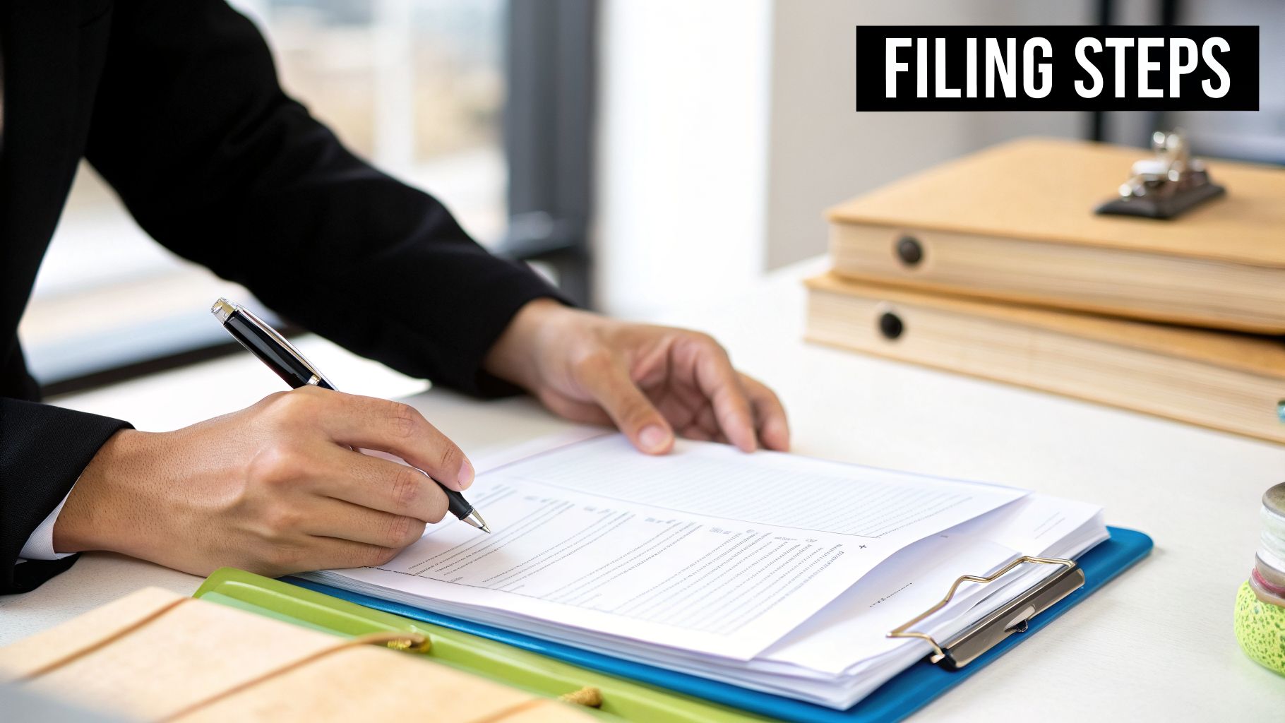 A person in a black suit writes on a document, with binders and the text 'FILING STEPS' on a desk.