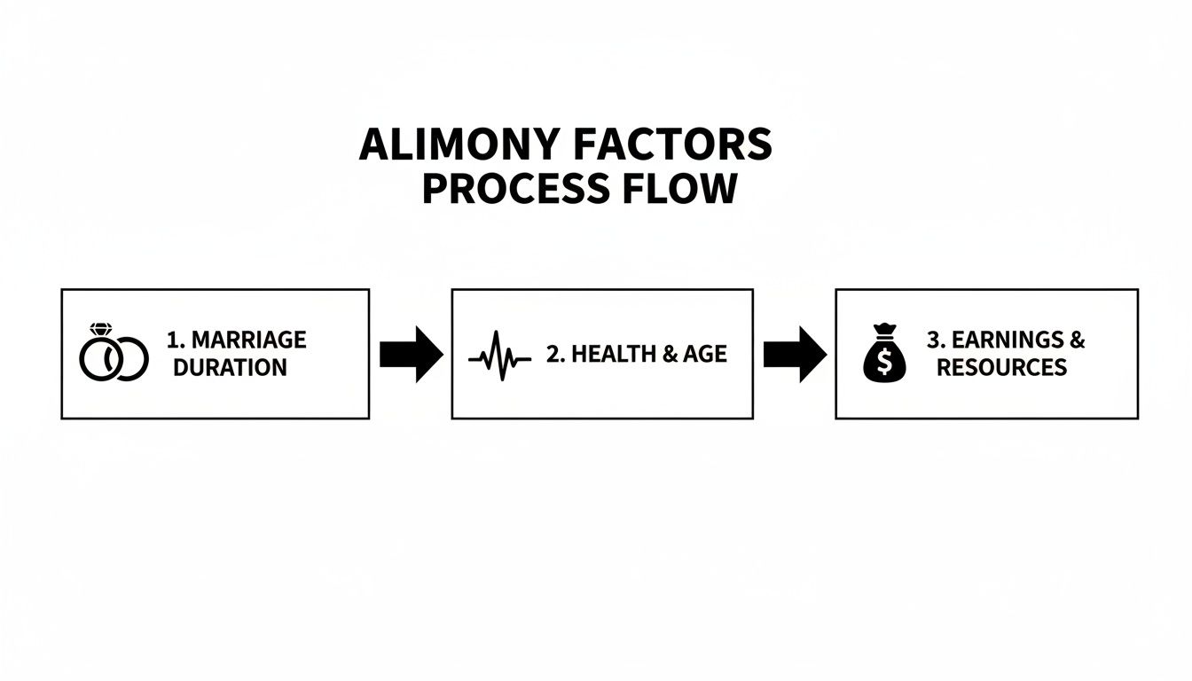 A flowchart illustrating the key factors in alimony calculation: marriage duration, health, age, earnings, and resources.