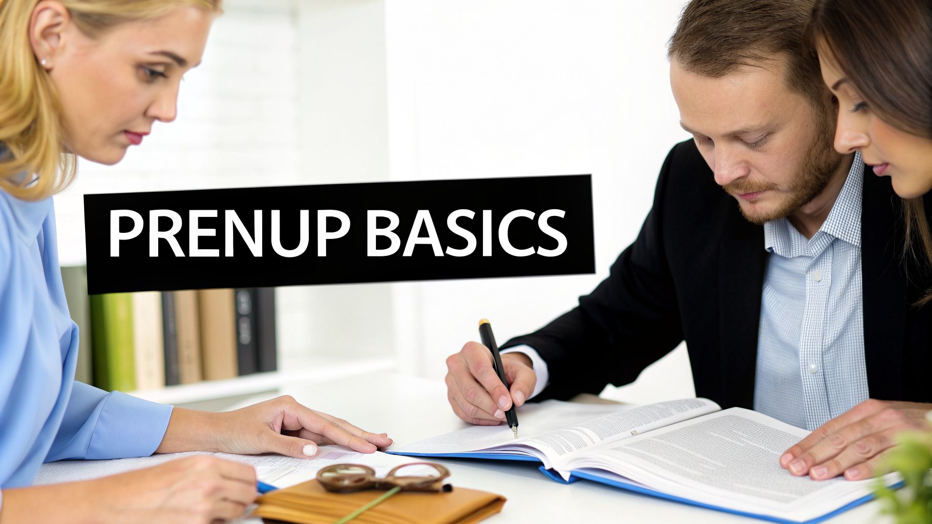 Three people at a table reviewing documents, with an overlay text reading 'PRENUP BASICS'.