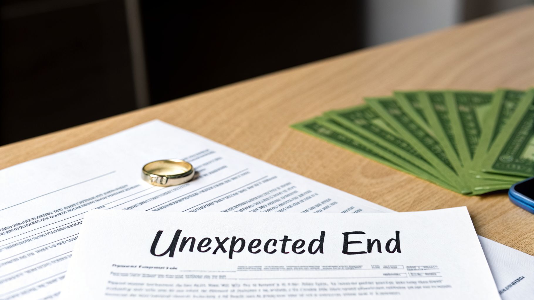 A wedding ring rests on papers titled 'Unexpected End' next to fanned money on a desk.