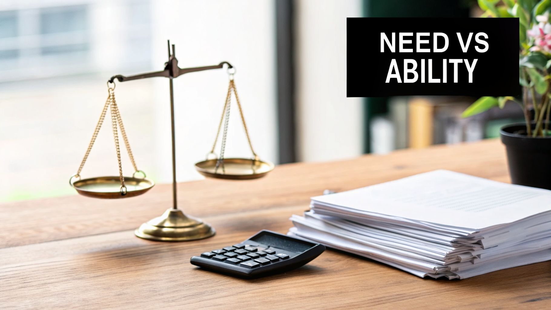 Desk with scales of justice, calculator, and documents, highlighting 'NEED VS ABILITY' for financial assessment.
