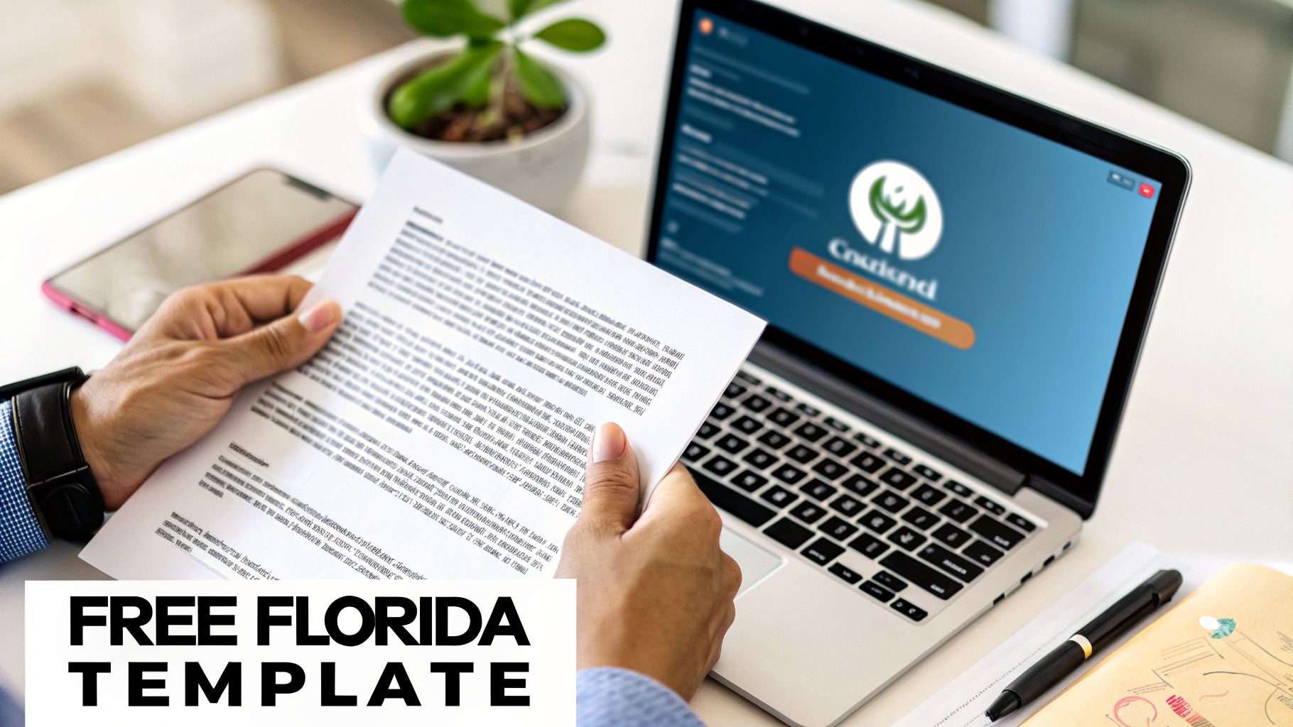 A person reviews a document titled "Free Florida Template" next to a laptop.