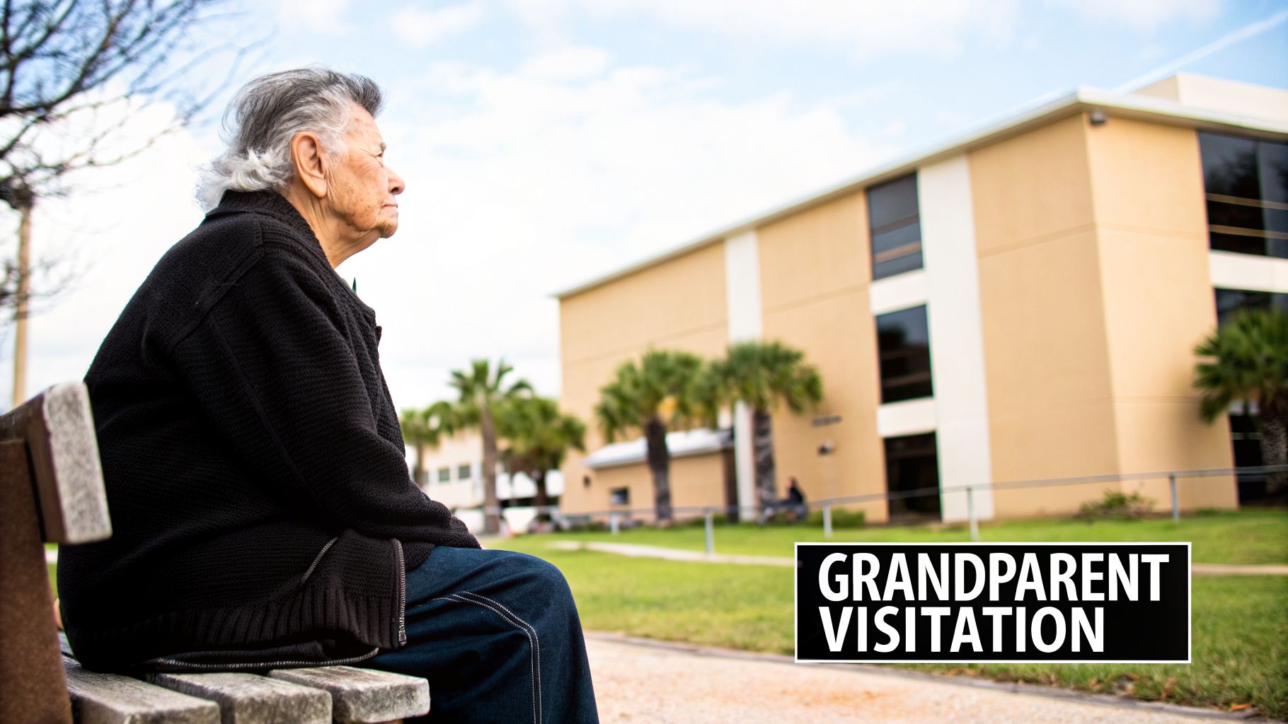 An elderly person sits thoughtfully on a park bench, with a building and palm trees in the background.