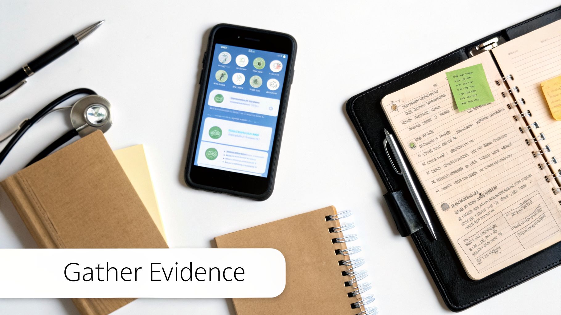 A flat lay shows a smartphone, stethoscope, pen, and notebooks on a white desk with 'Gather Evidence' text.