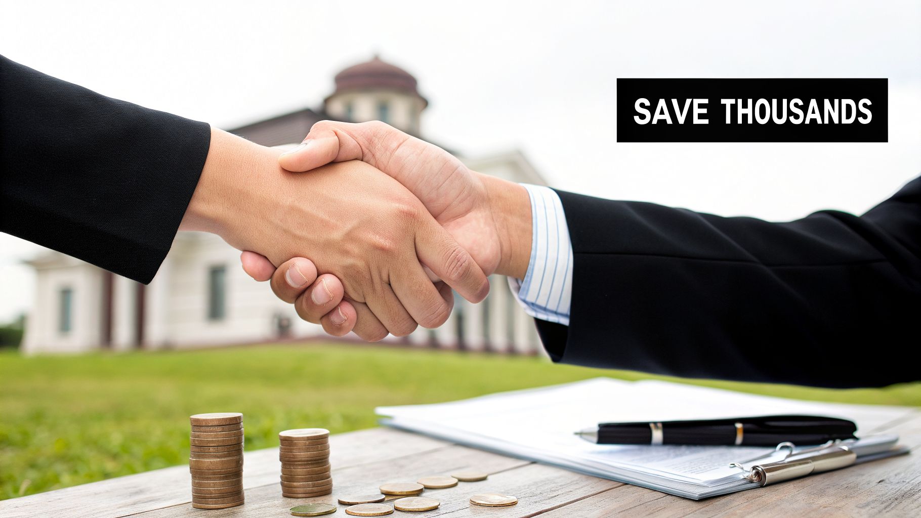 Business handshake over a table with money and documents, a house in the background, and 'SAVE THOUSANDS' text.