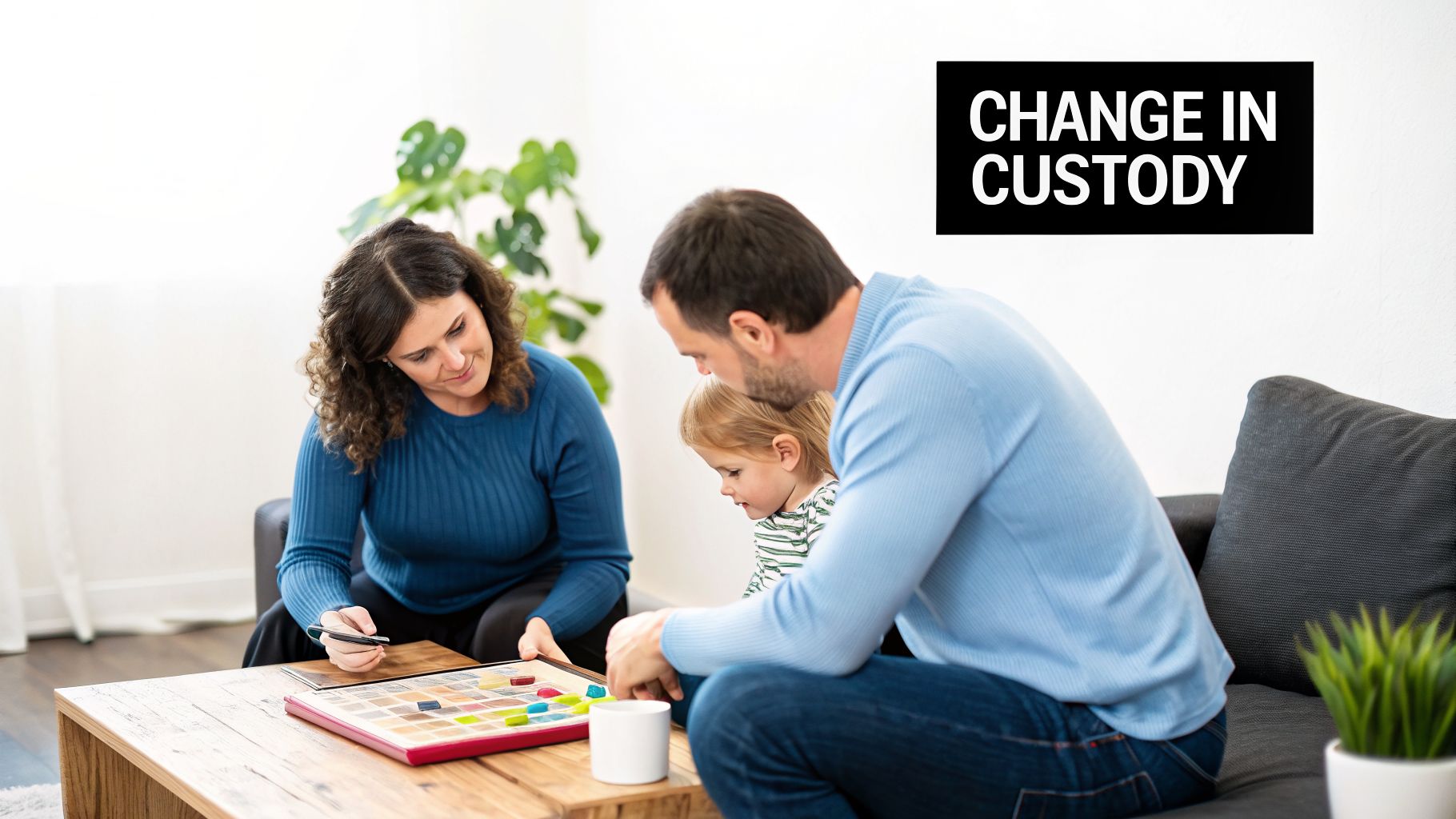 A family, a woman, man, and child, look at a board game on a table, with 'CHANGE IN CUSTODY' text.