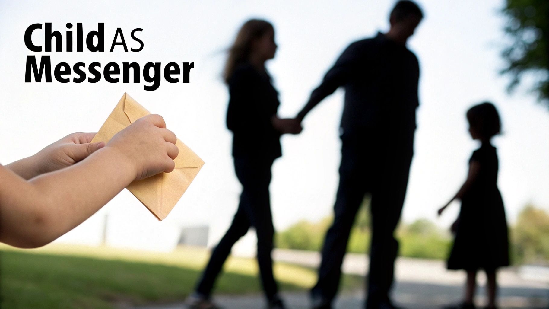 A child's hands hold an envelope in front of blurred adult and child silhouettes, with text 'Child AS Messenger'.