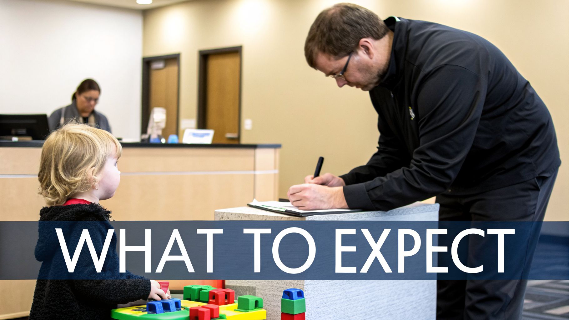 A man signs documents at a reception desk while a child plays nearby with colorful blocks.