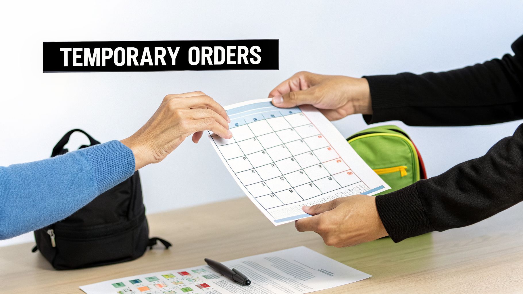 Hands exchanging a calendar, with 'TEMPORARY ORDERS' prominently displayed, suggesting legal scheduling.