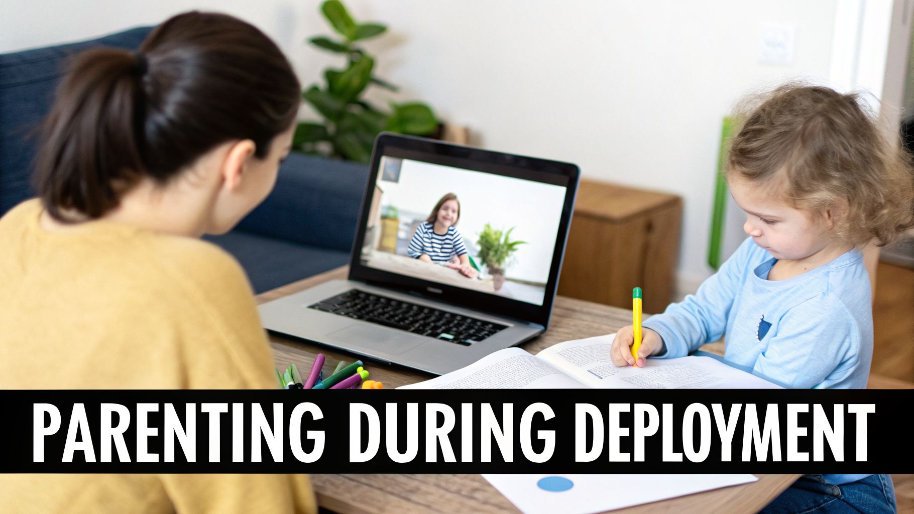 A mother and child connecting with a deployed family member via video call while the child draws.