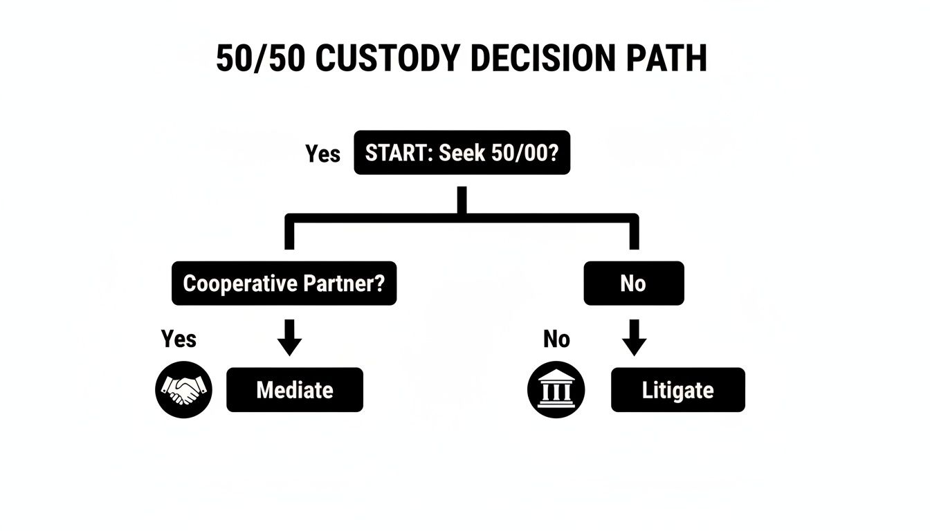 A flowchart outlining the 50/50 custody decision path, guiding users toward mediation or litigation options.