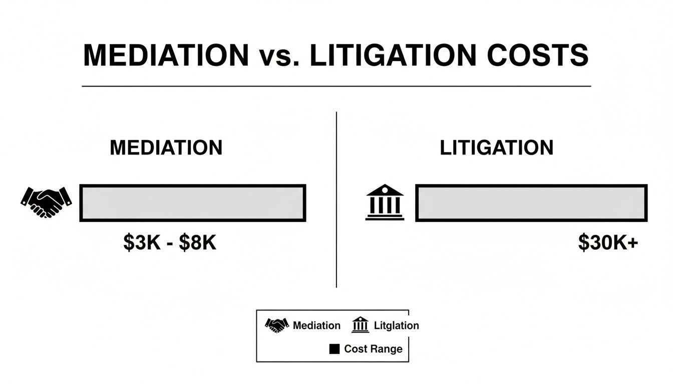 A visual comparison of mediation versus litigation costs, showing mediation as significantly less expensive.