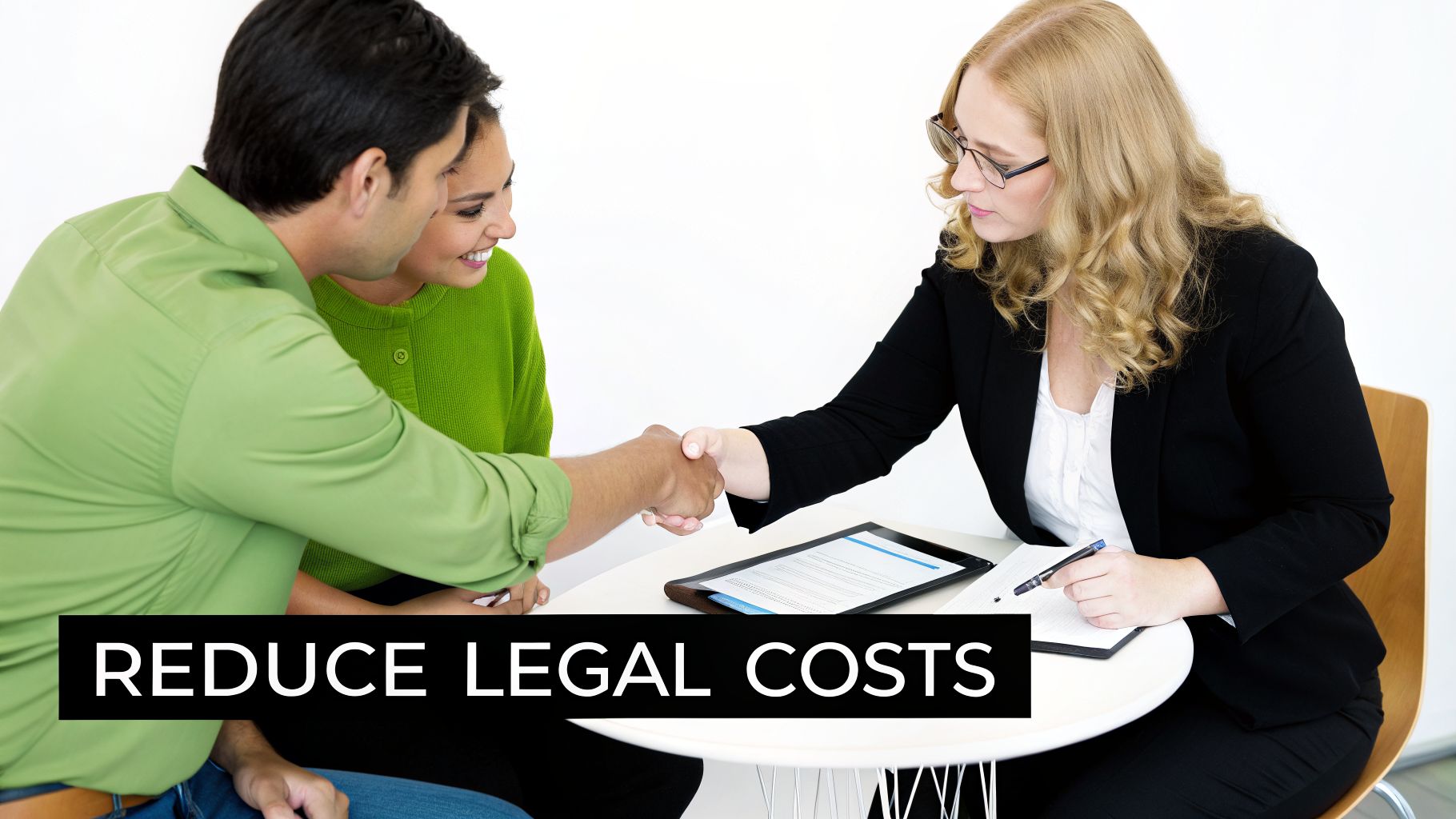A couple shakes hands with a female lawyer or advisor over documents on a table, symbolizing reduced legal costs.