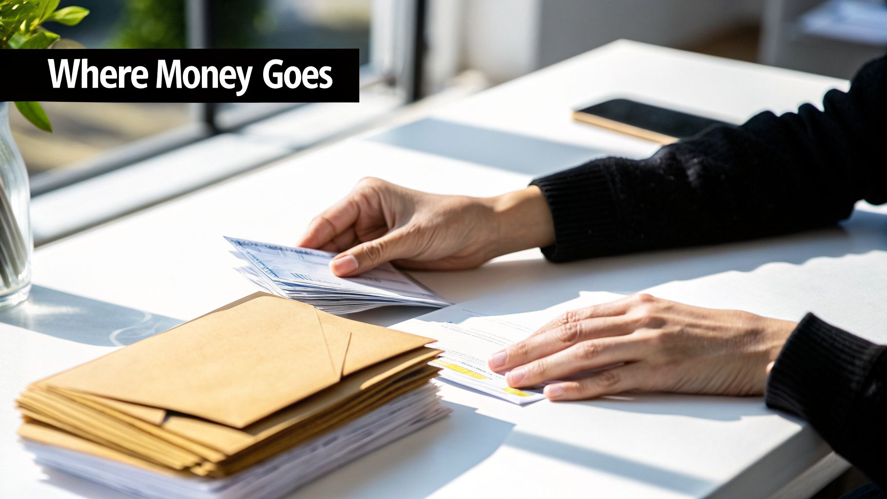 Hands sorting bills and envelopes on a white desk, reflecting financial management.