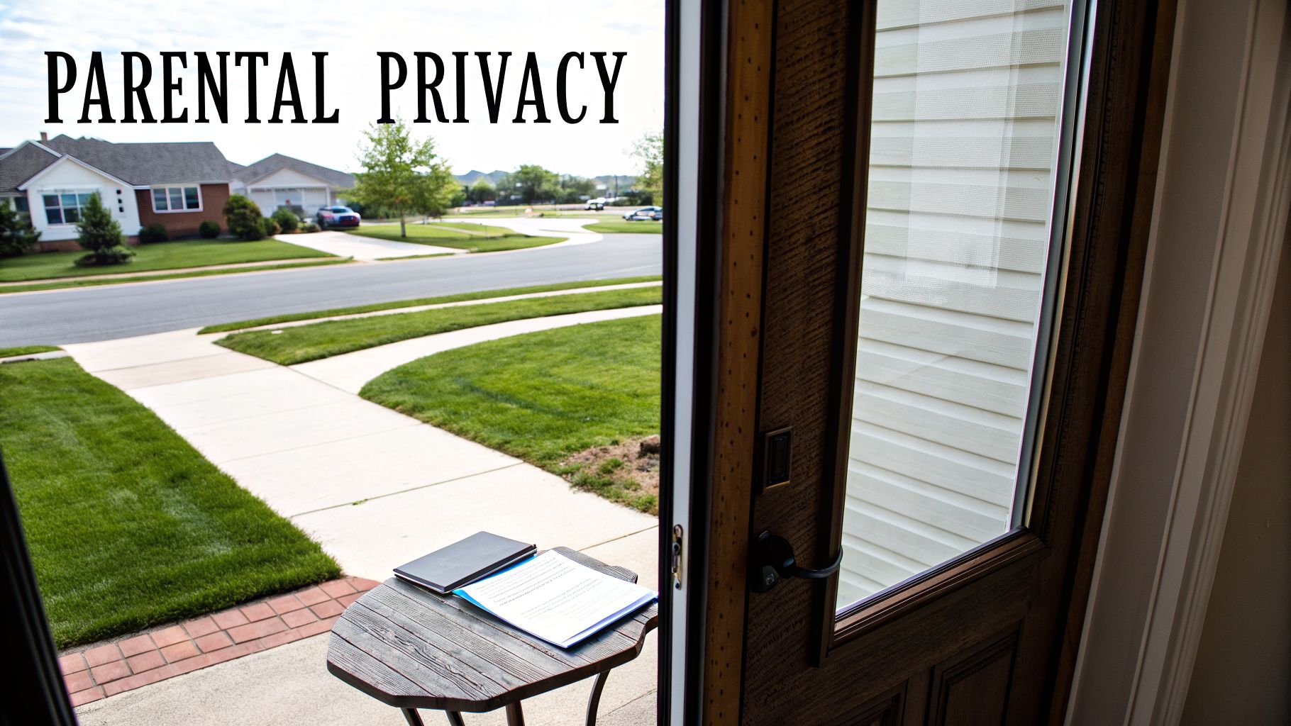 Open door view of a suburban street with houses and green lawns, with papers on a porch table.