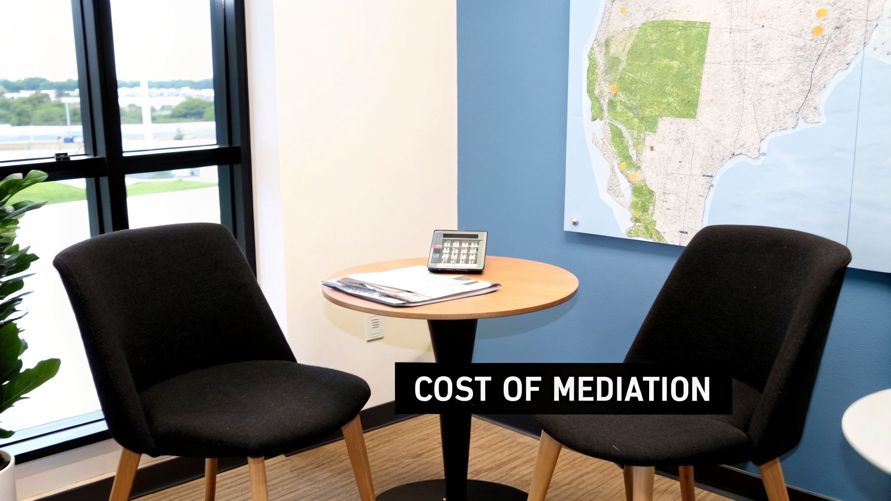 A professional mediation office setup with two black chairs, a round table, a calculator, and a map.