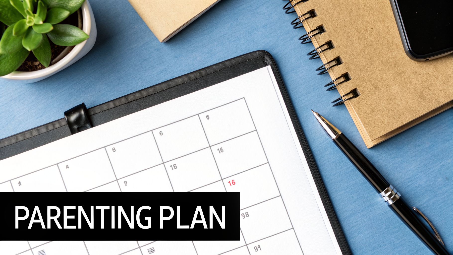 A close-up of a calendar with 'Parenting Plan' overlayed, next to a pen, plant, and notebooks.