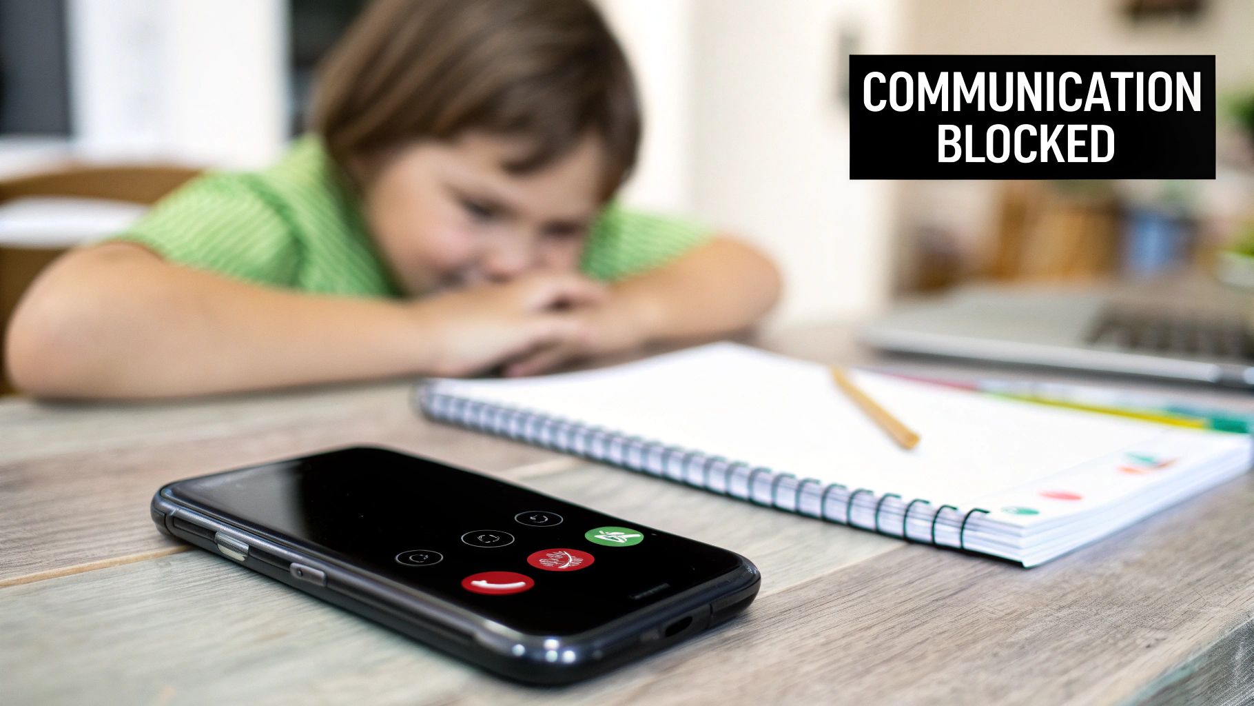 A blurred, sad child rests on a desk, near a phone displaying a call screen and 'COMMUNICATION BLOCKED' text.