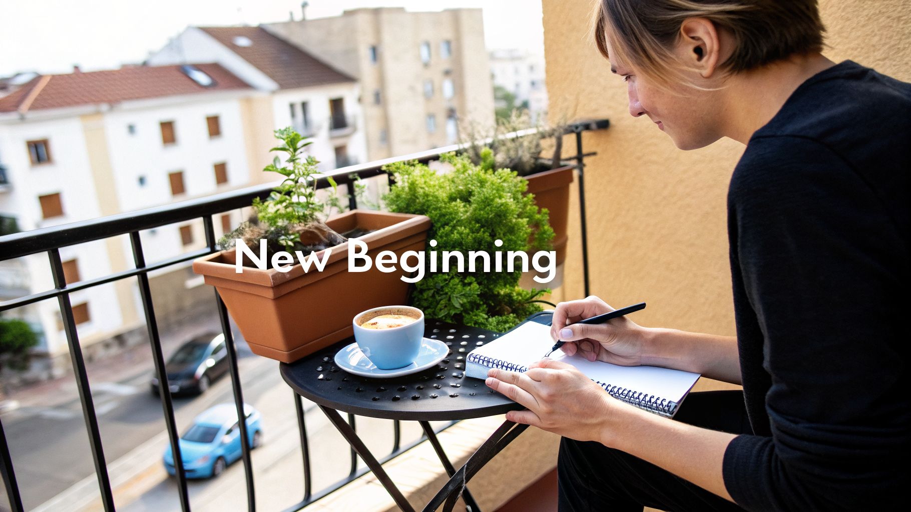 A person writes in a notebook on a balcony, enjoying coffee with a city view.