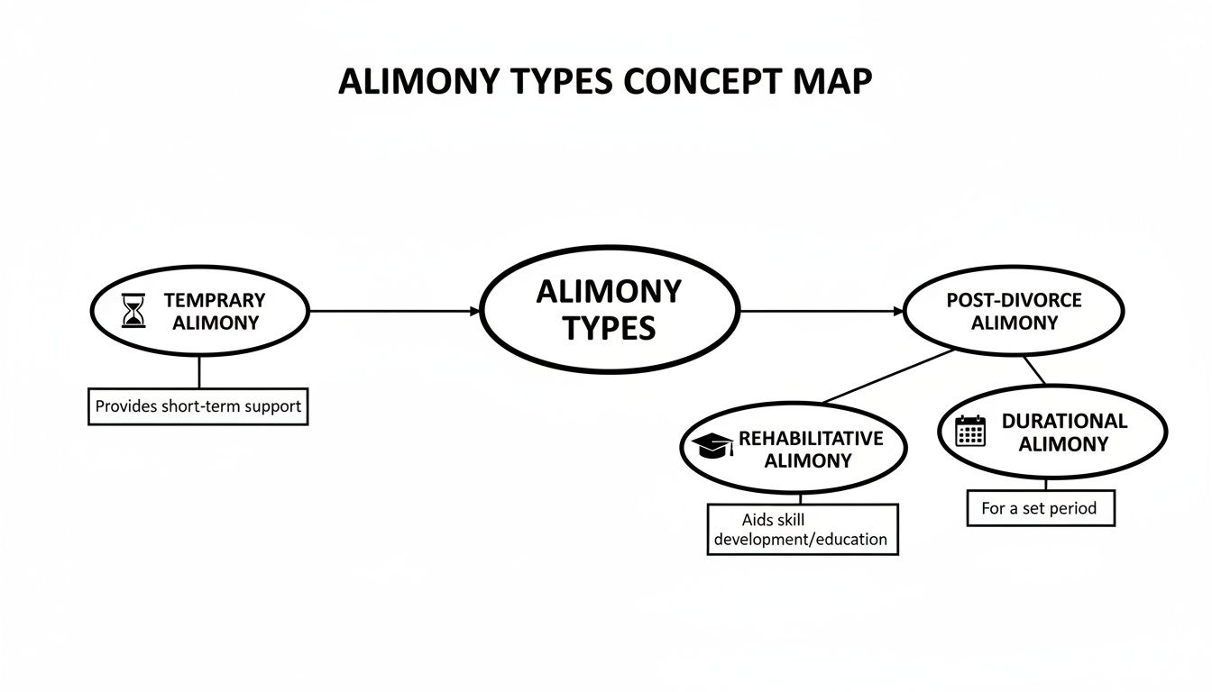 A concept map showing different types of alimony: temporary, rehabilitative, and durational.