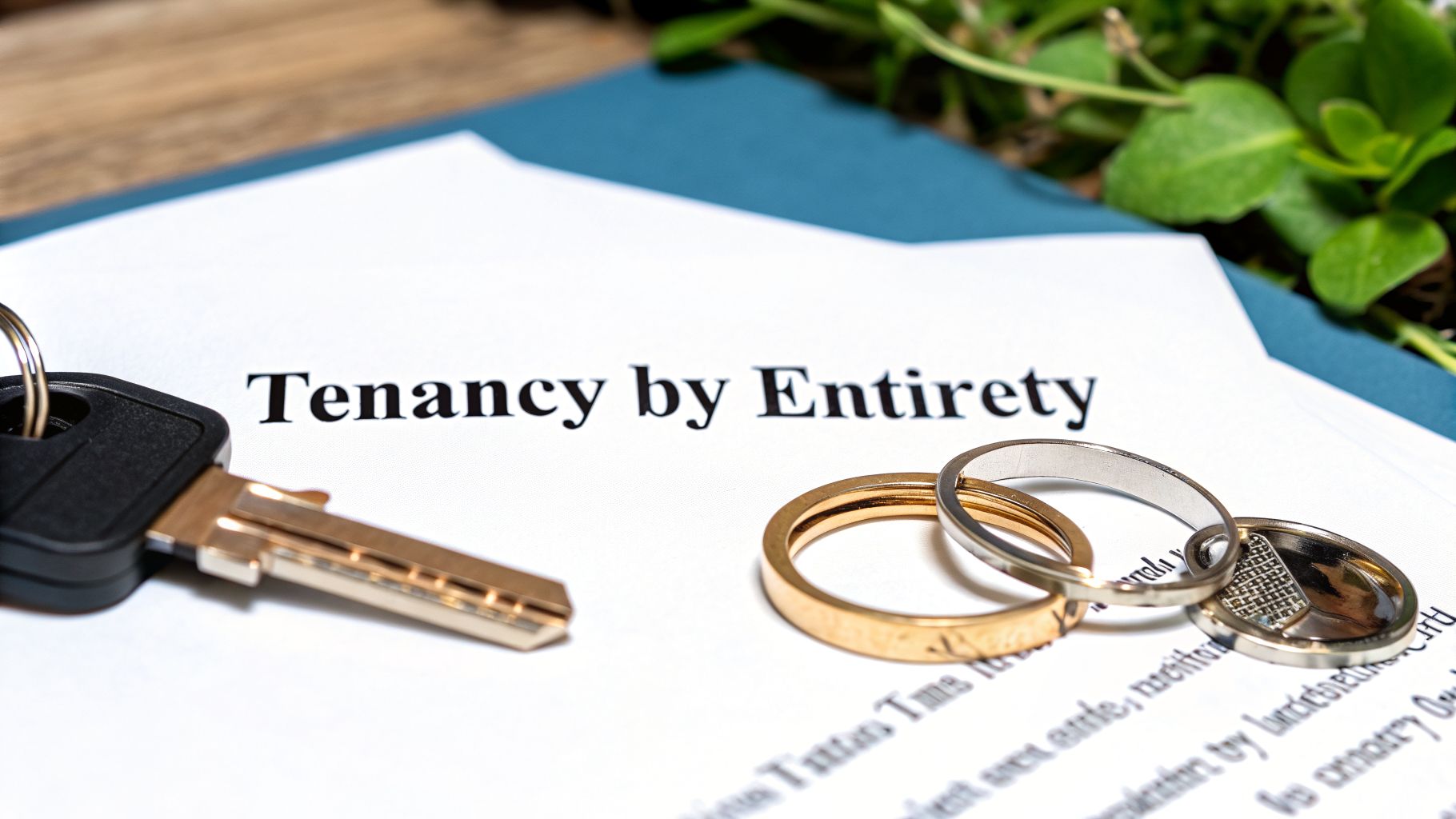 A legal document titled 'Tenancy by Entirety' with a house key and two wedding rings on it.