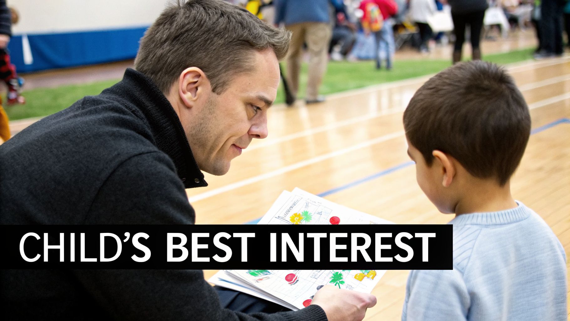 A caring adult male showing colorful drawings to a young boy on a wooden floor.