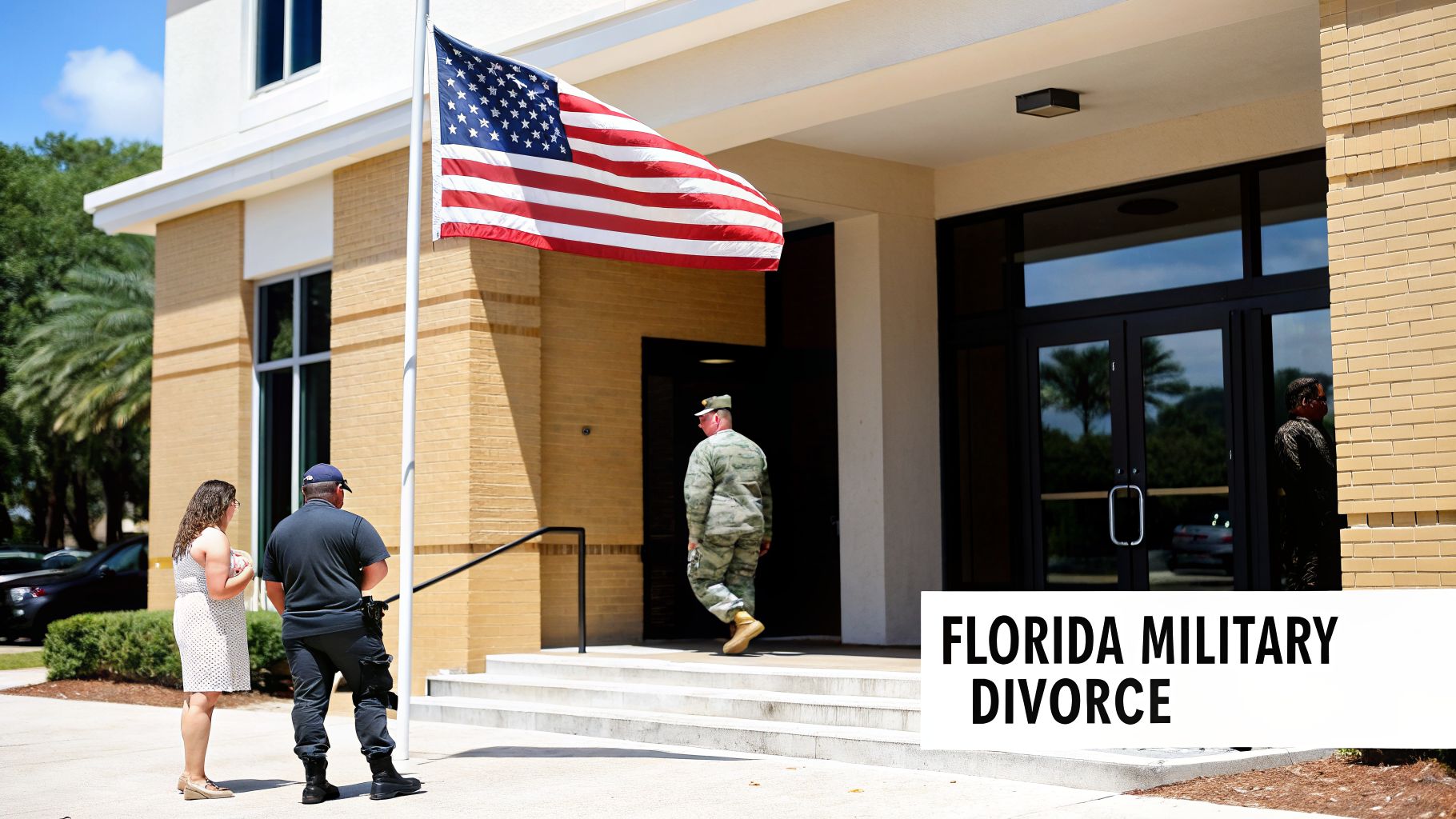 A military service member walks into a building with an American flag, while a couple stands outside.