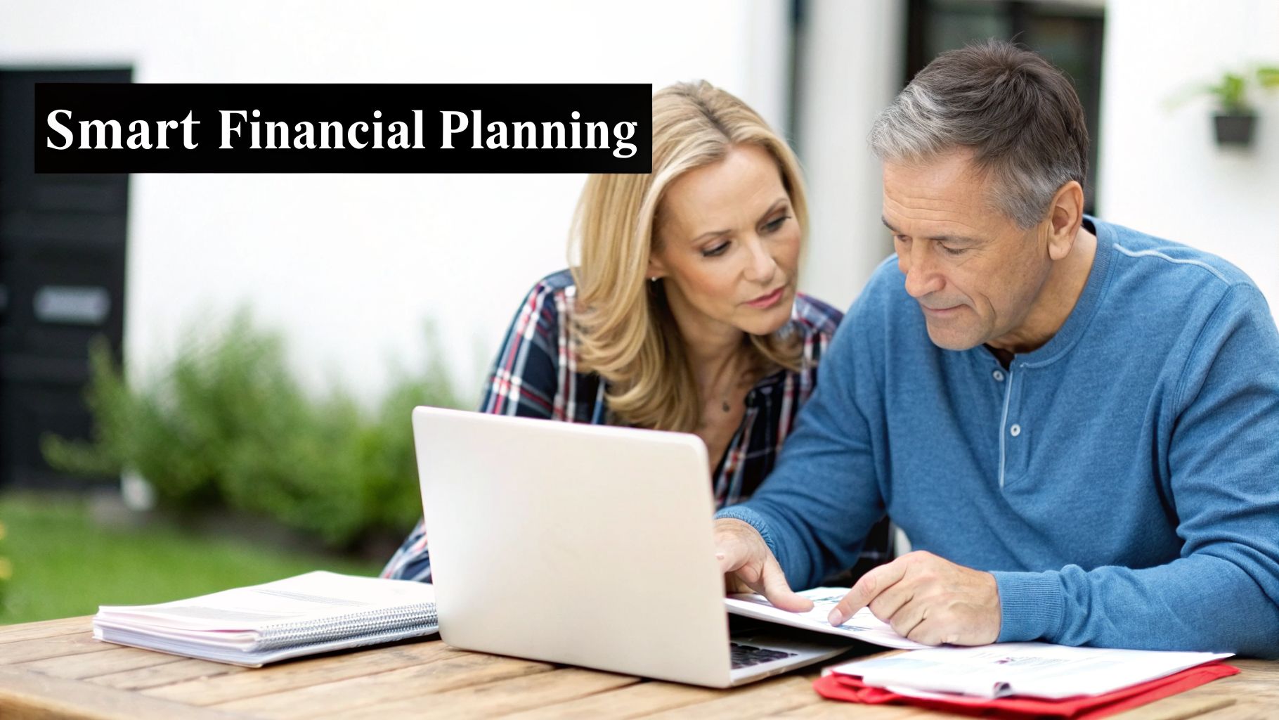 A mature couple discusses 'Smart Financial Planning' while looking at documents and a laptop outdoors.