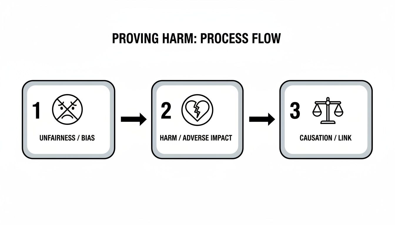 A flow chart illustrating 'Proving Harm' in three steps: Unfairness/Bias, Harm/Adverse Impact, and Causation/Link.
