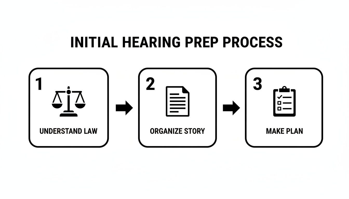 Flowchart showing three steps for initial hearing prep: Understand Law, Organize Story, Make Plan.