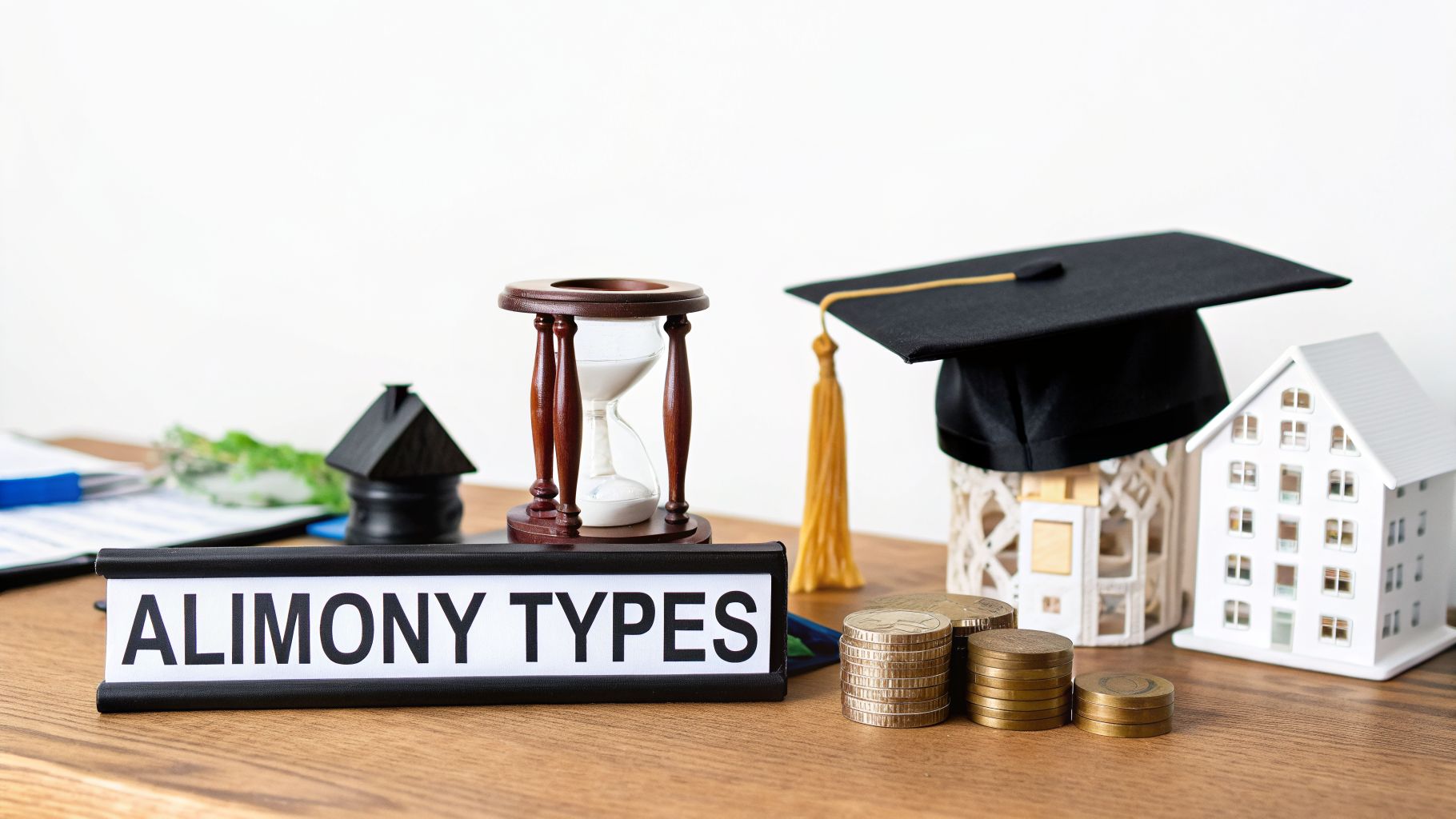 Desk setup with 'ALIMONY TYPES' sign, hourglass, graduation cap, coins, and model houses, symbolizing financial and legal aspects.