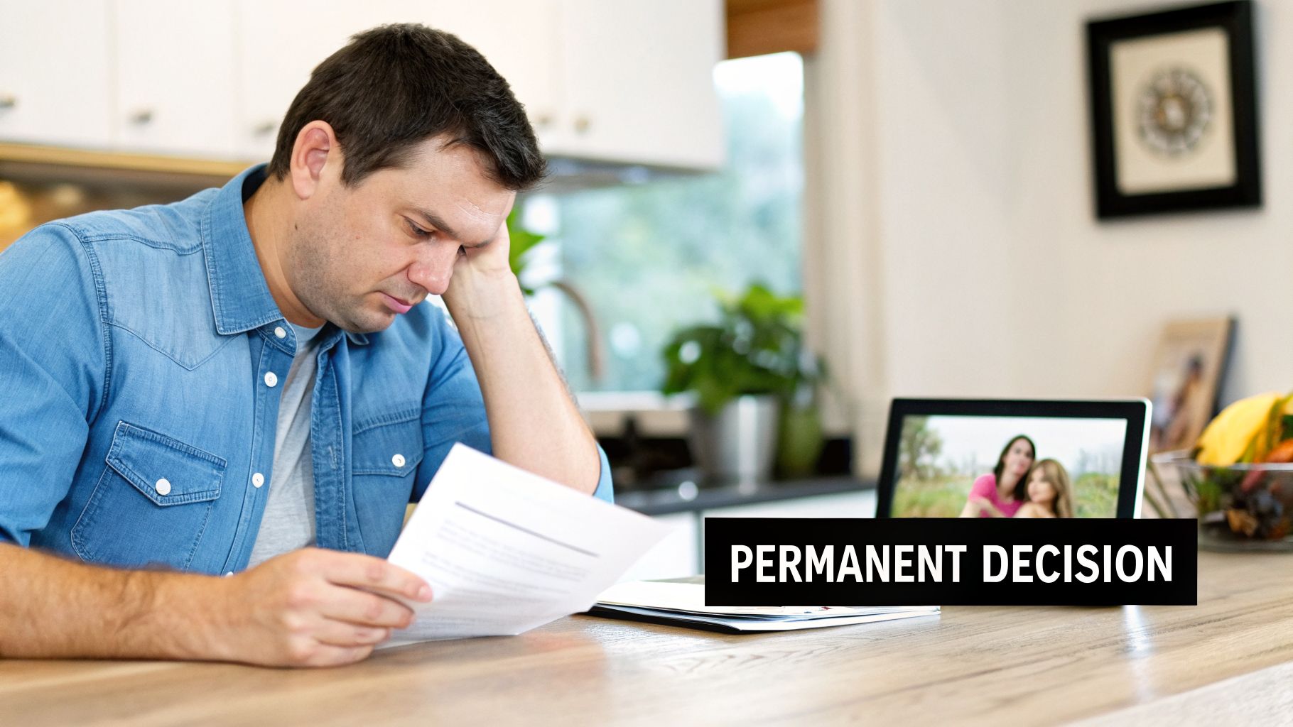 A distressed man reads a document, with a tablet displaying a family photo and 'PERMANENT DECISION' text.