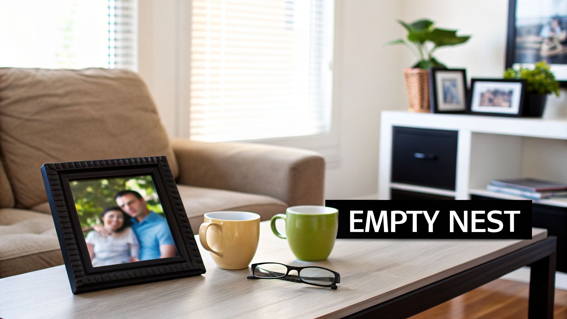 A living room scene with a coffee table, framed photo of a couple, mugs, glasses, and 'EMPTY NEST' text.