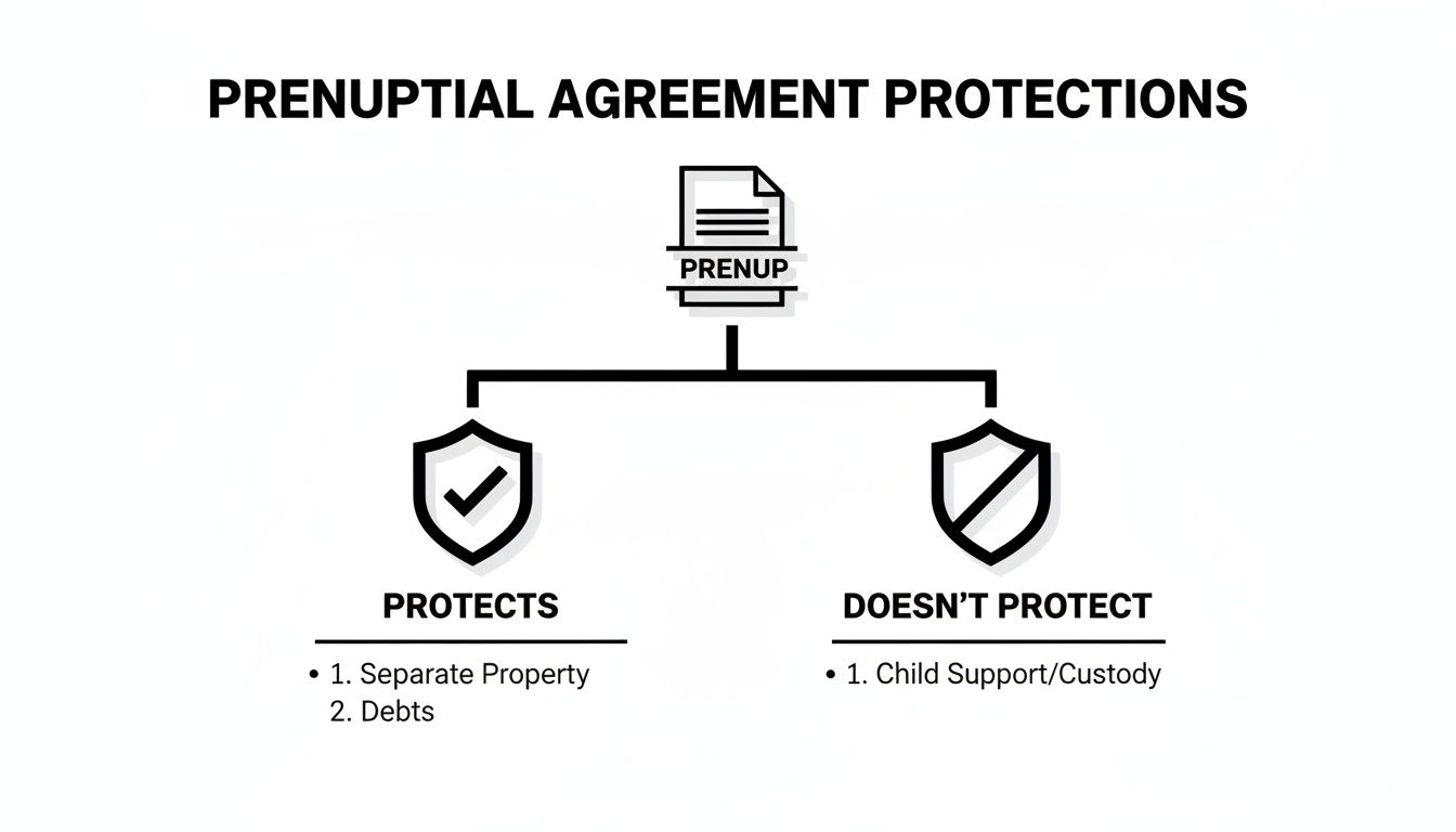 Diagram illustrating what a prenuptial agreement protects (separate property, debts) and doesn't protect (child support/custody).