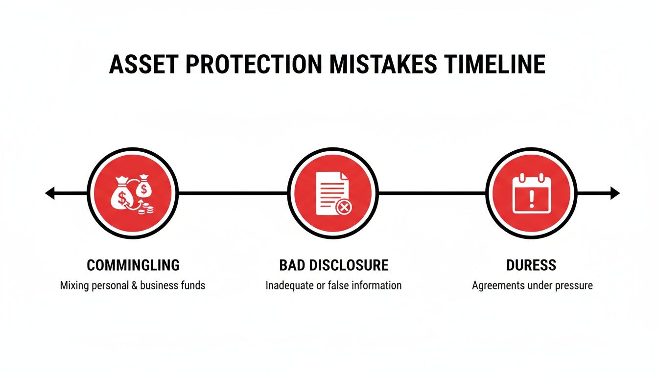 A timeline illustrating common asset protection mistakes including commingling, bad disclosure, and duress.