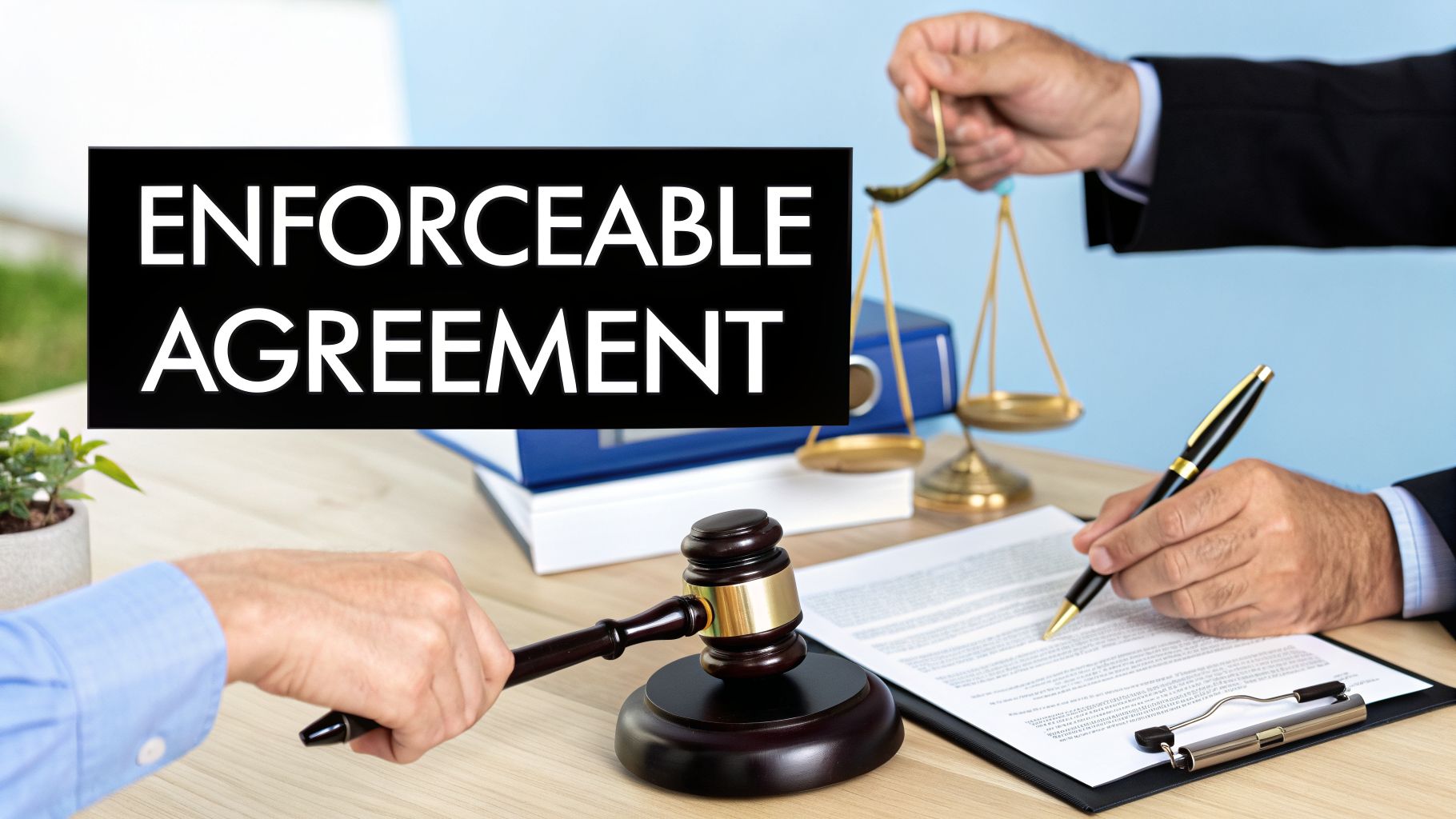 Legal professionals discussing an enforceable agreement, with a gavel, document, pen, and scales of justice.
